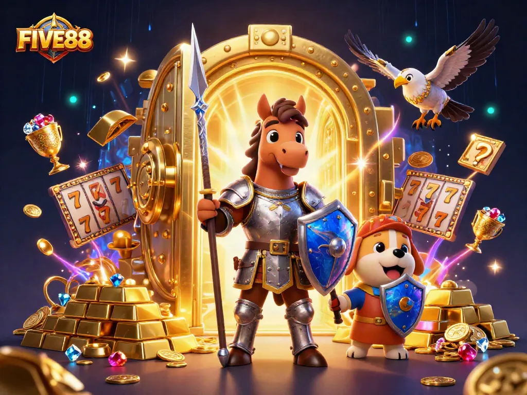 Spin to win big with FIVE88's dynamic slot gaming scene, featuring knights, treasures, and action.