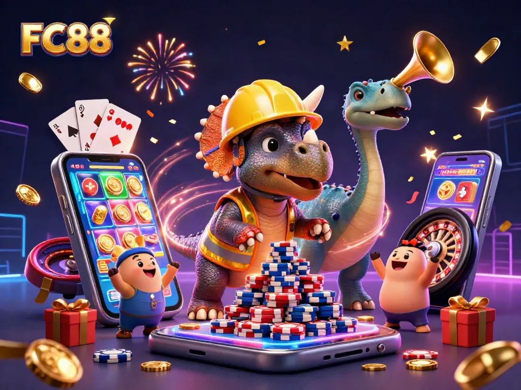 Experience exciting FC88 gaming with a celebratory scene of dinosaurs building poker chip pyramids amid vibrant casino elements.