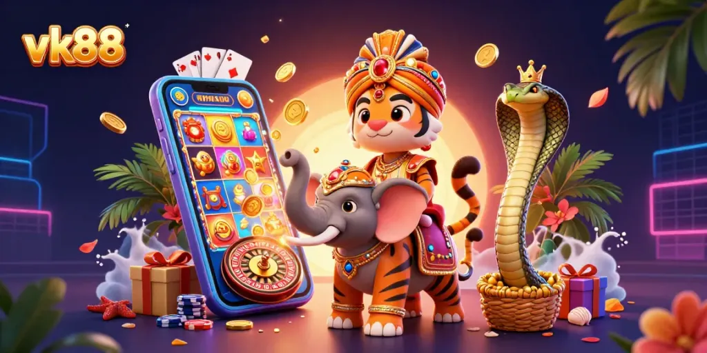 Experience the excitement of vk88 slots with a vibrant casino-themed 3D illustration featuring a maharaja and elephant.