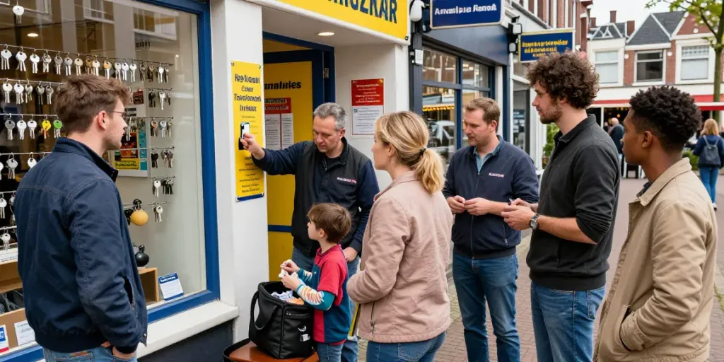 Slotenmaker in Arnhem helpt bij sleutel verloren Arnhem situatie, met diverse mensen en een uitnodigende atmosfeer.