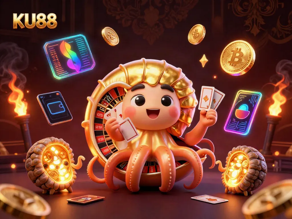 Experience thrilling gameplay at KU88 with a giant nautilus roulette wheel and glowing crypto elements.