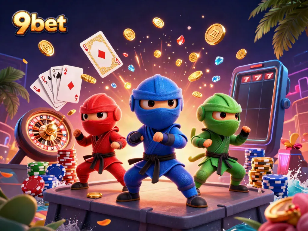 Engage with 9bet's dynamic gaming scene featuring chameleons amidst sparkling coins and a roulette wheel.