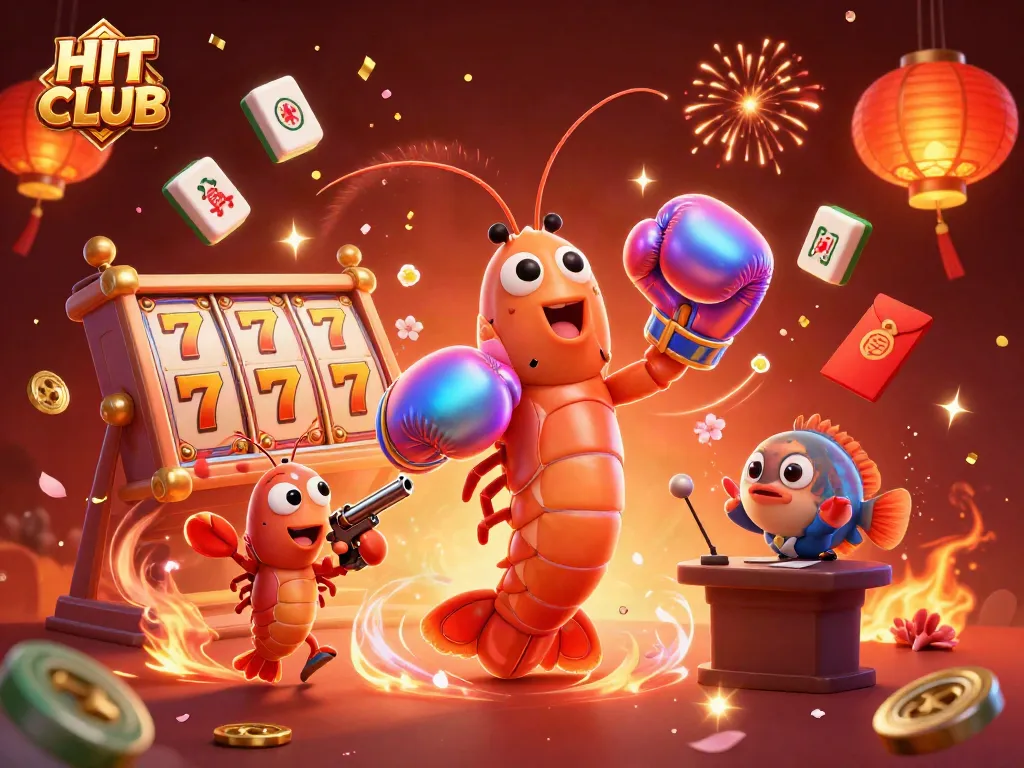 Engage with HIT CLUB's exciting casino games featuring dynamic slot reels and festive characters in vibrant illustration.