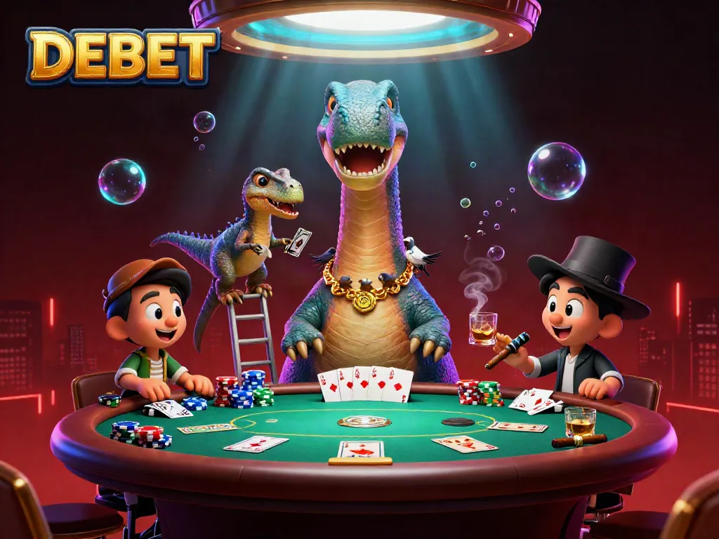 Experience thrilling poker action with DEBET at a dynamic casino scene featuring vibrant characters.