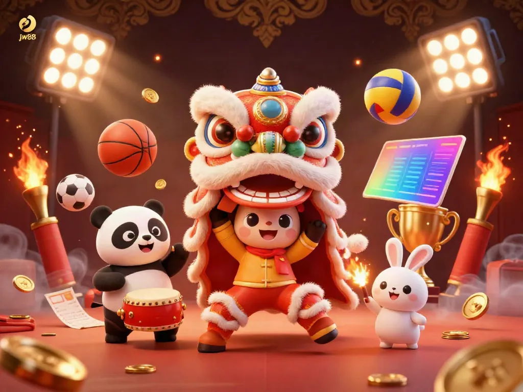 Experience immersive gaming action at jw88 with a lively lion dance and drumming panda amidst vibrant casino elements.