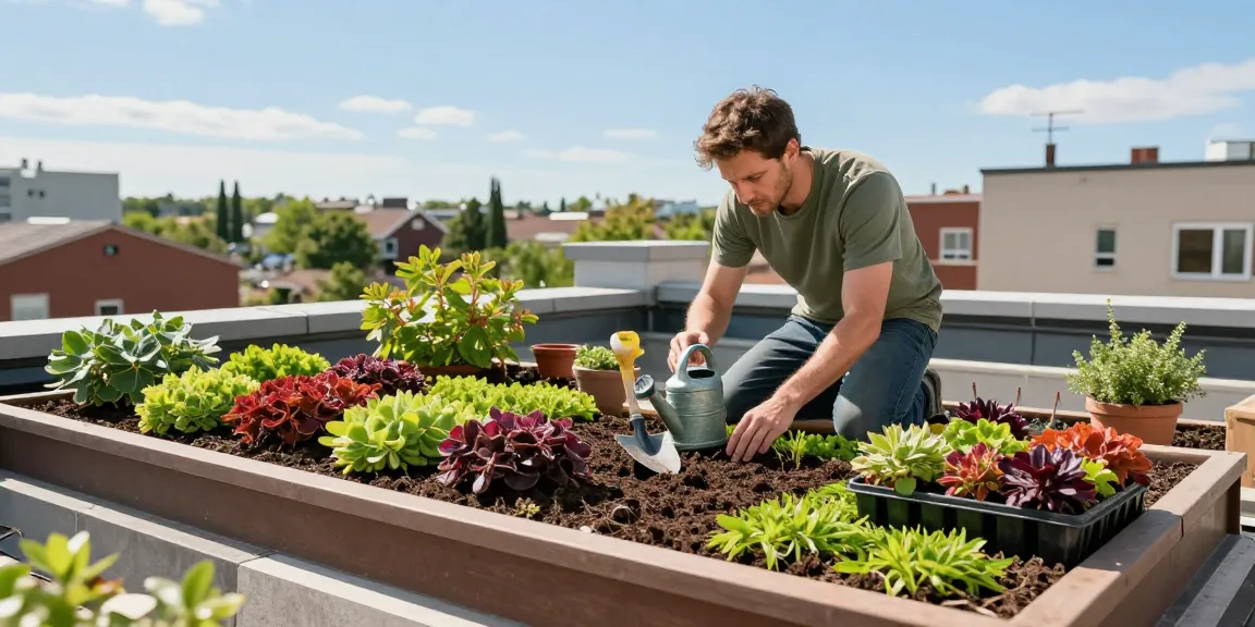 Ontdek sedumdak kosten met een expert-tuinier die levendige sedumplanten installeert op een groen dak in een zonnige stedelijke omgeving.