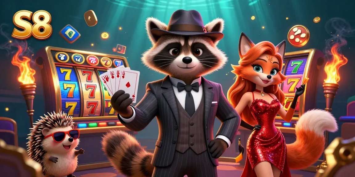S8 raccoon holding a royal flush amidst vibrant slot machines and gold coins, showcasing thrilling casino action.