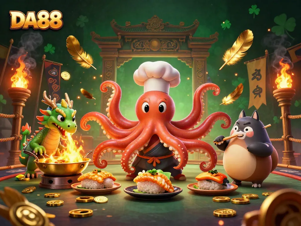 Engage with DA88 in a vibrant casino scene featuring an octopus chef, dragon, and tanuki
