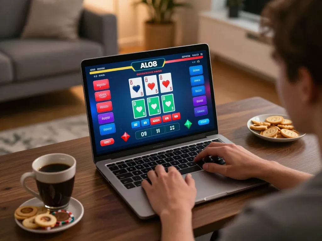 Player strategically engaging with ALO8 live dealer game on laptop, outlining responsible gambling habits.