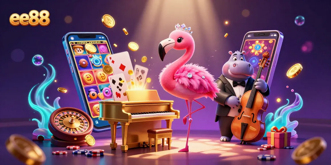 Engage with the exciting ee88 casino scene featuring vibrant characters, slot games, and golden coins.