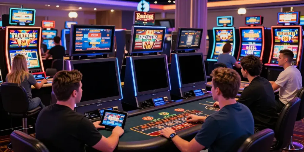 Engaging online gaming scene at https://da88z.net/ with diverse players enjoying casino games, vibrant atmosphere.