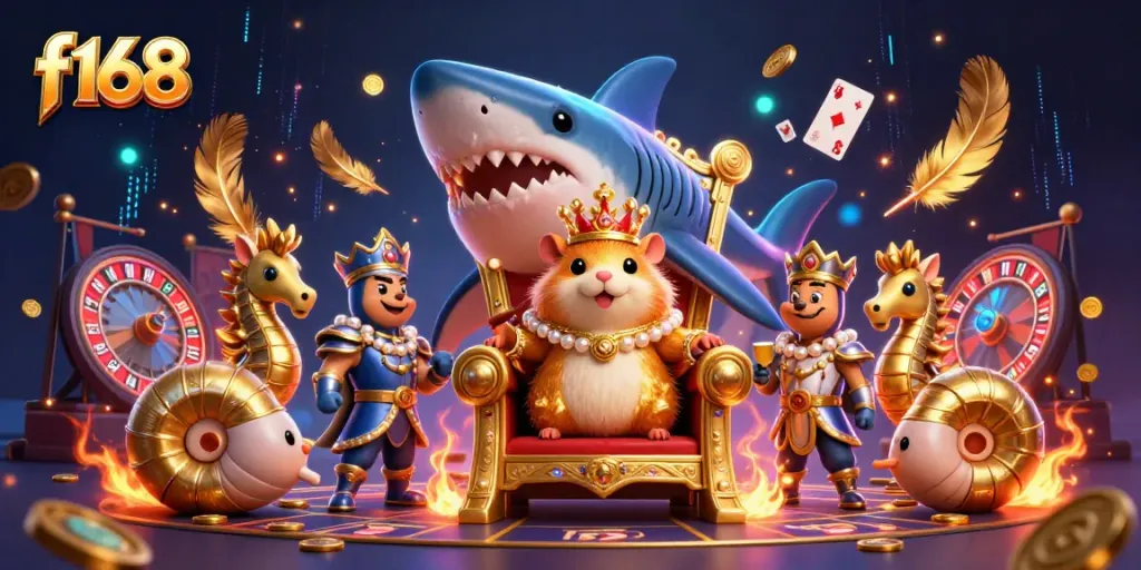 Witness the f168 hamster king in a dynamic casino setting, crowned and surrounded by riches and excitement.