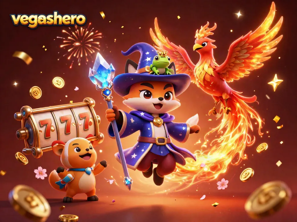 Play slots at vegashero, featuring a magical wizard fox and dynamic casino elements in a celebratory scene.