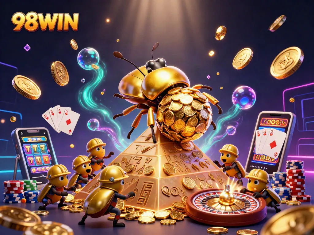 Experience winning strategies with 98WIN's vibrant casino world filled with golden treasures and dynamic gaming elements.