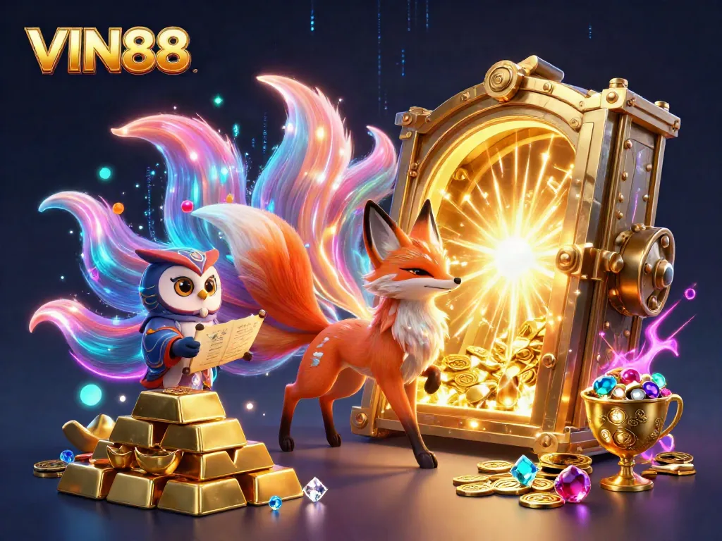 Experience thrilling gameplay with VIN88, showcasing a majestic nine-tailed fox spirit and a wise owl sage in a vibrant casino setting overflowing with treasures.
