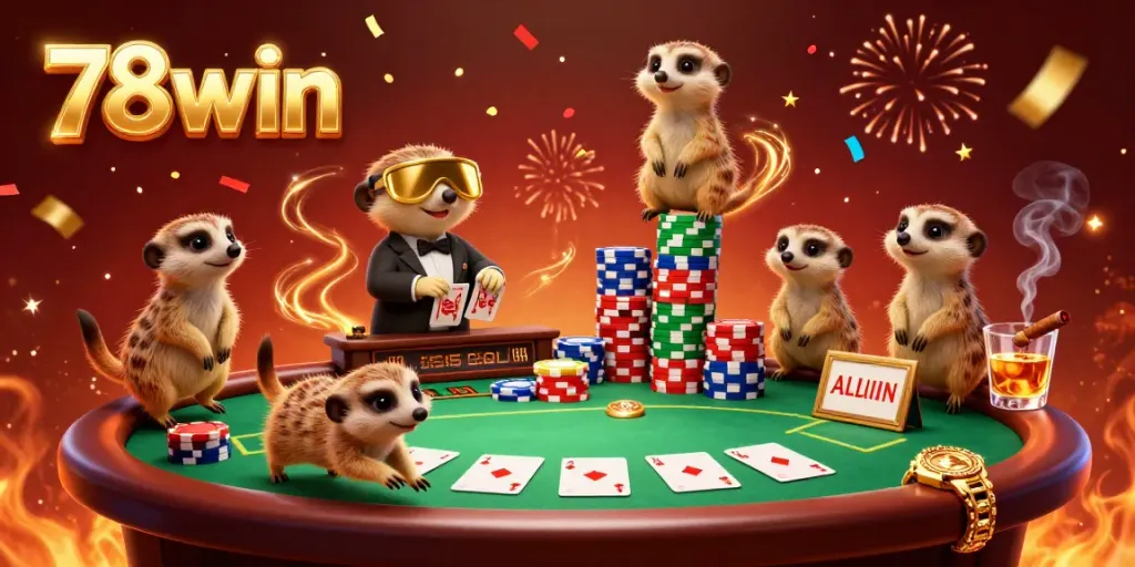 Experience excitement at 78win’s lively casino with meerkats engaging in games and celebrating wins.