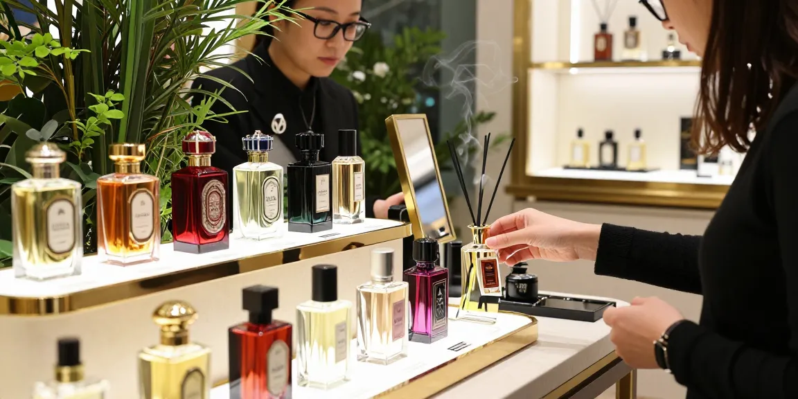 Gissah parfum flessen in een luxe winkelsetting met klant die een geur test.