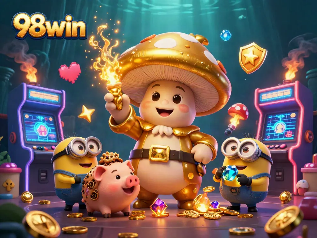 Win big with 98win's magical gaming experience featuring golden treasures and vibrant casino elements.