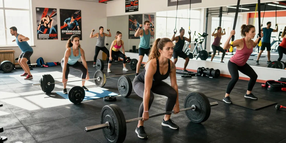Activiteiten in de Unique Pharma Shop met sportieve mensen die trainen en aan fitness doen in een moderne sportschool.