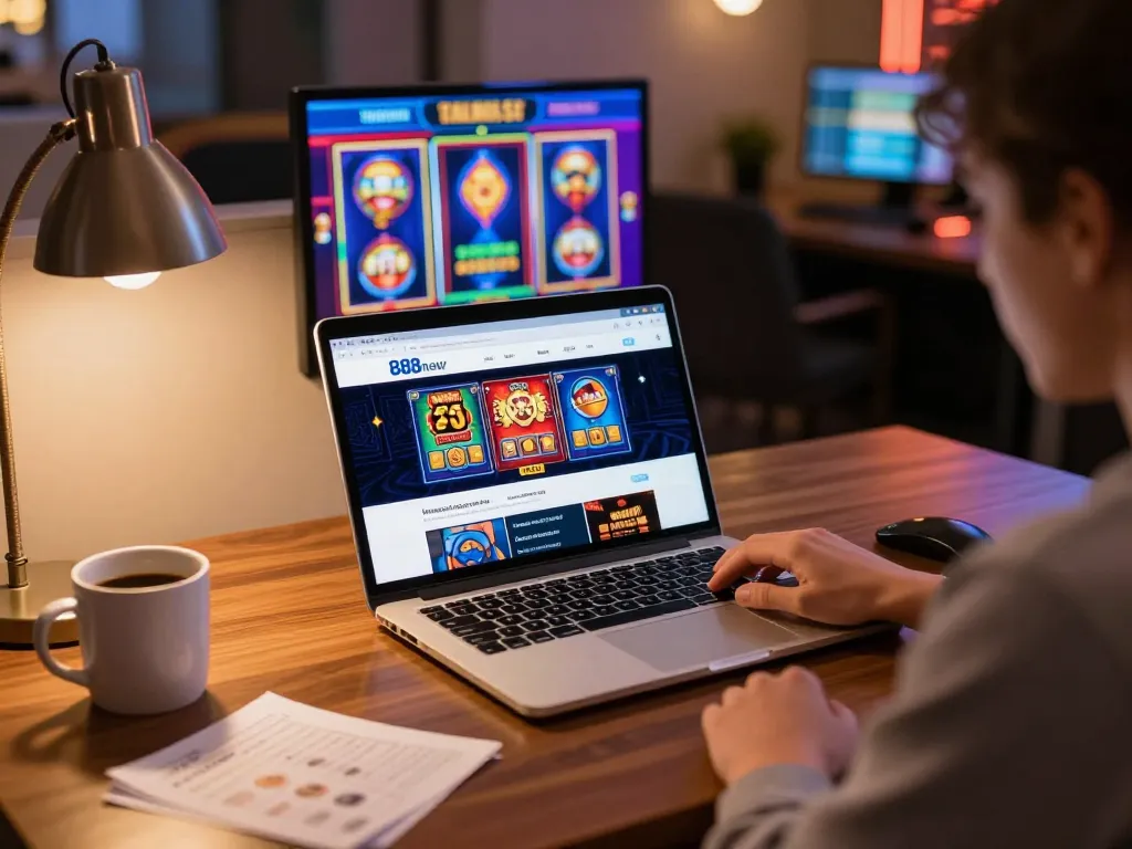 Engaging online gaming setup featuring Trang chủ 888new with vibrant slot games displayed.