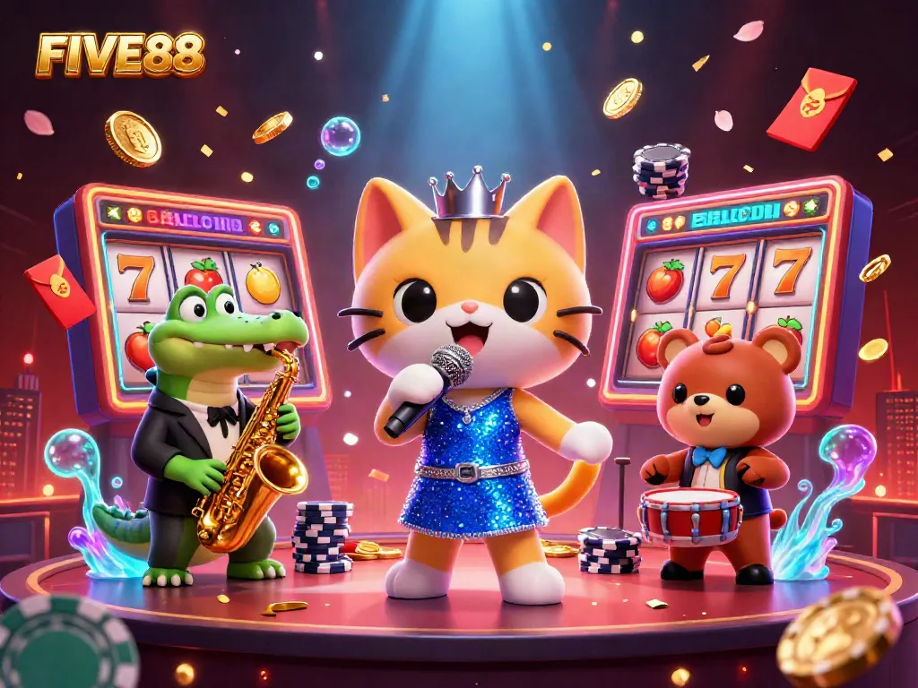 Experience FIVE88's vibrant casino scene with cartoon characters and dynamic game elements.