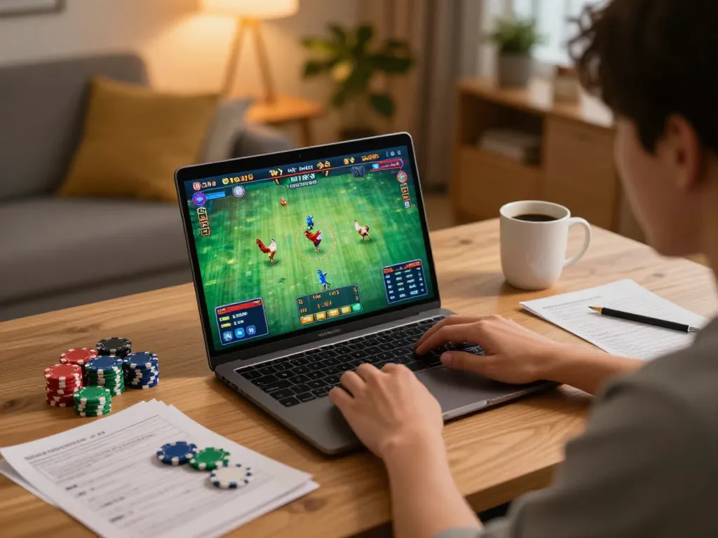 Engaging scene of a player enjoying trực tiếp đá gà on their laptop with vibrant atmosphere and strategic elements.