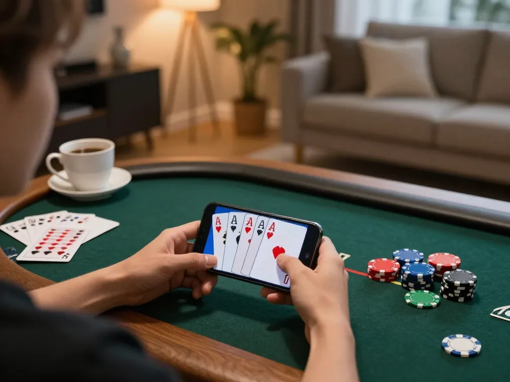 Lucks8 player analyzing strategy on smartphone for online poker game in cozy home.