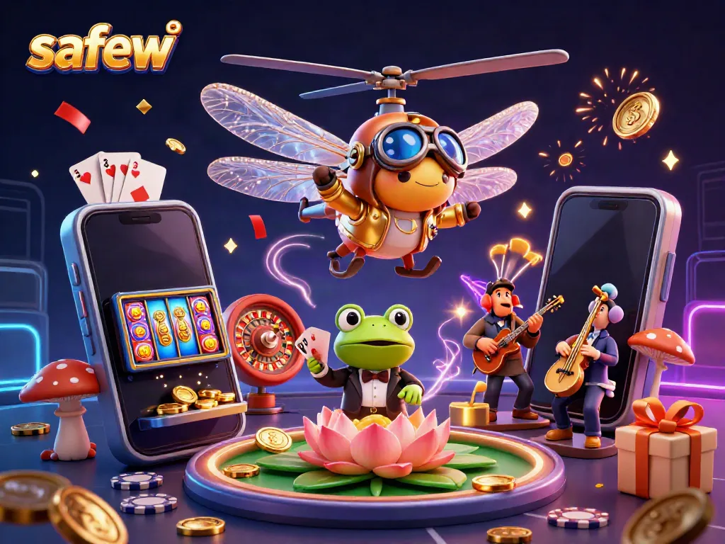 Experience safew's exciting gaming atmosphere with a colorful 3D casino illustration featuring dynamic characters.