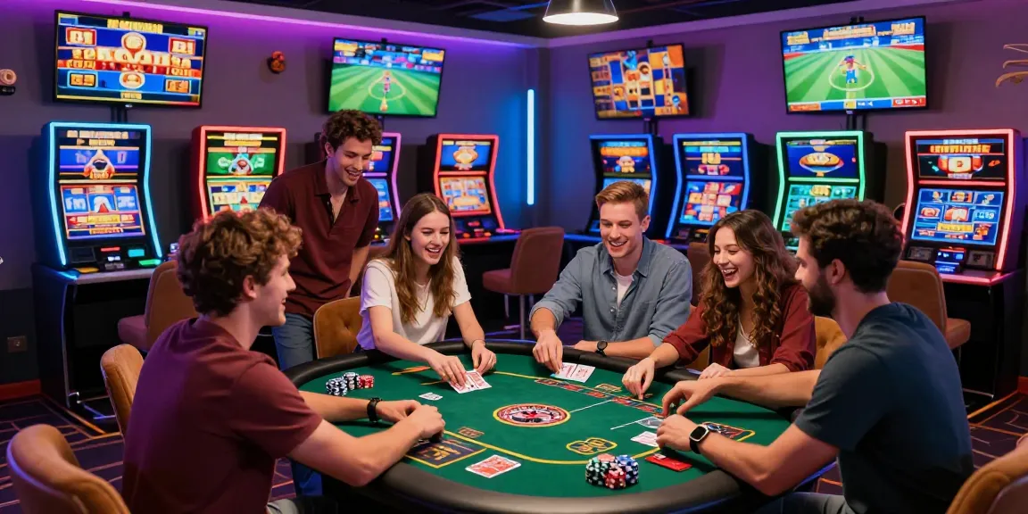 LUCK8 online gambling scene with friends betting on casino games in a vibrant atmosphere.
