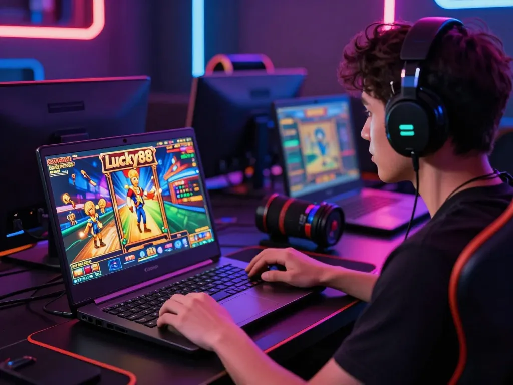 Engaged player enjoying Lucky88 online slot game in a neon-lit gaming setup.