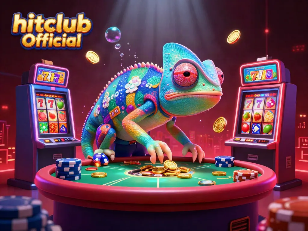 Experience the vibrant energy of hitclub Official as a chameleon casino owner captures golden winnings amidst dynamic gaming elements.