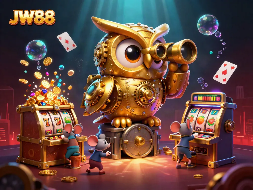 Experience the excitement of JW88 with captivating 3D casino visuals depicting slot machines and charming characters.