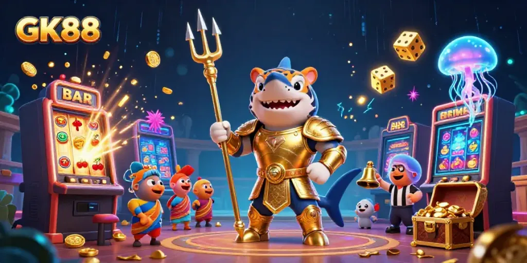 Experience GK88's thrilling underwater casino with a tiger shark gladiator surrounded by jackpot wonders.