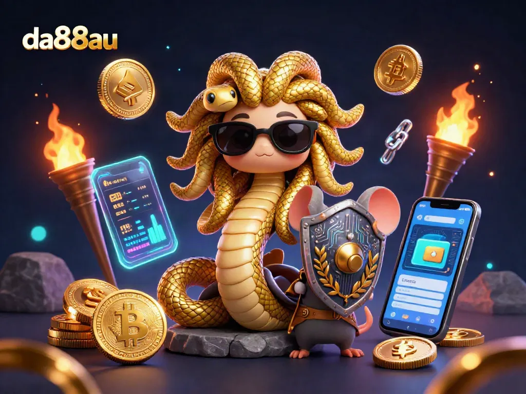 Experience thrilling bets at da88au with Medusa and a warrior mouse amidst vibrant crypto elements.