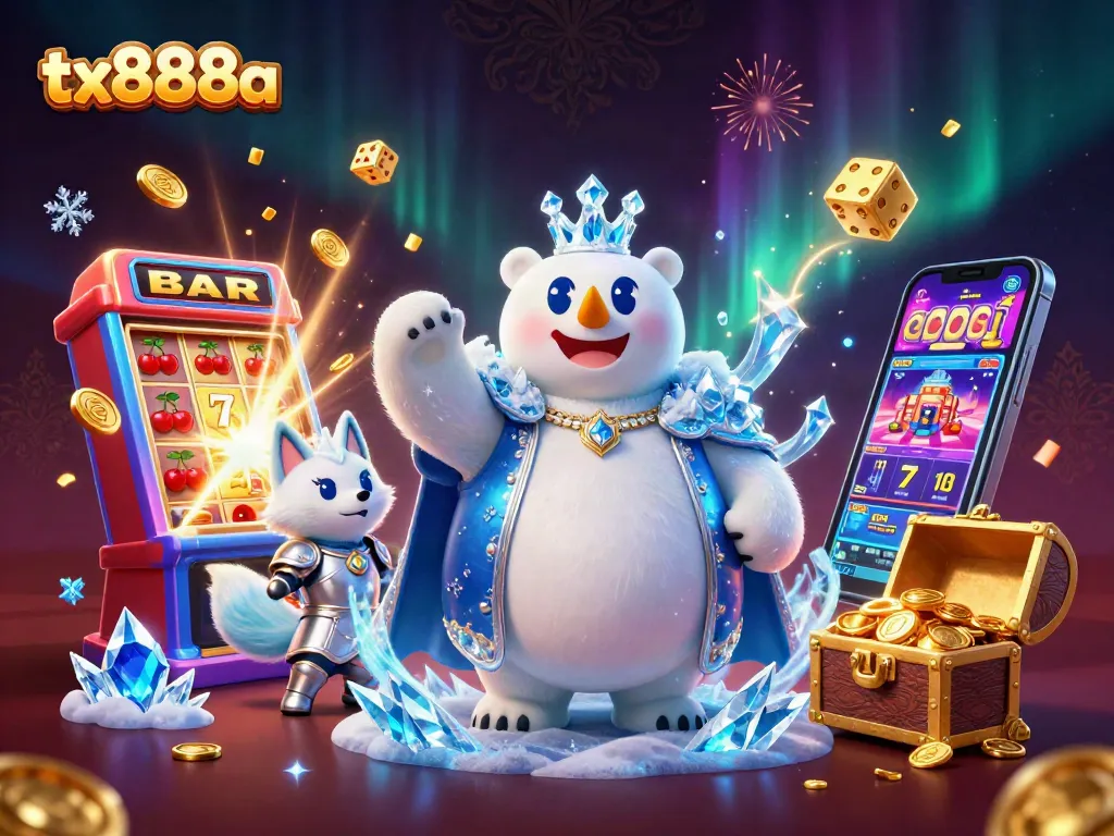 Engage with tx888a's thrilling jackpot excitement, featuring a charismatic polar bear and snow fox in a vibrant casino scene.
