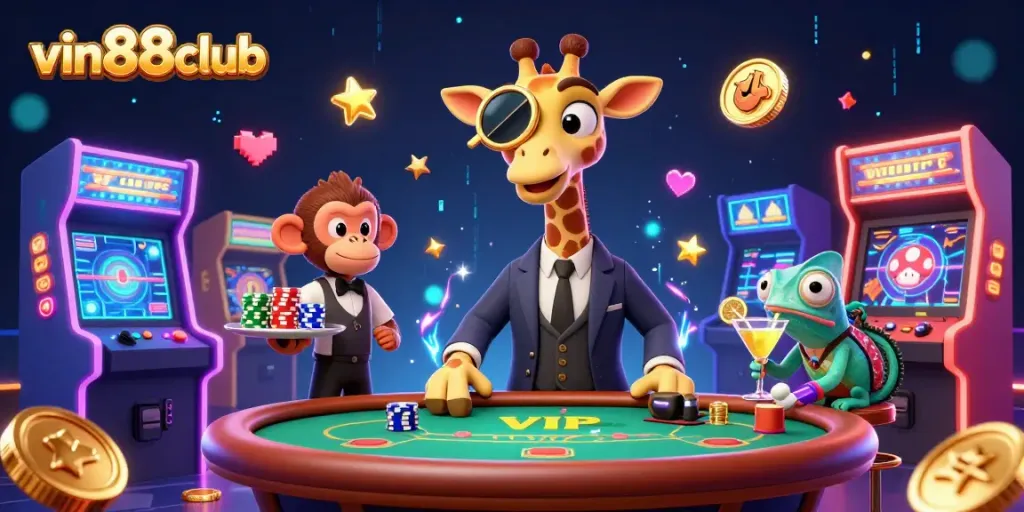 Experience thrills with vin88club's vibrant casino scene featuring an animated giraffe, monkey, and chameleon.