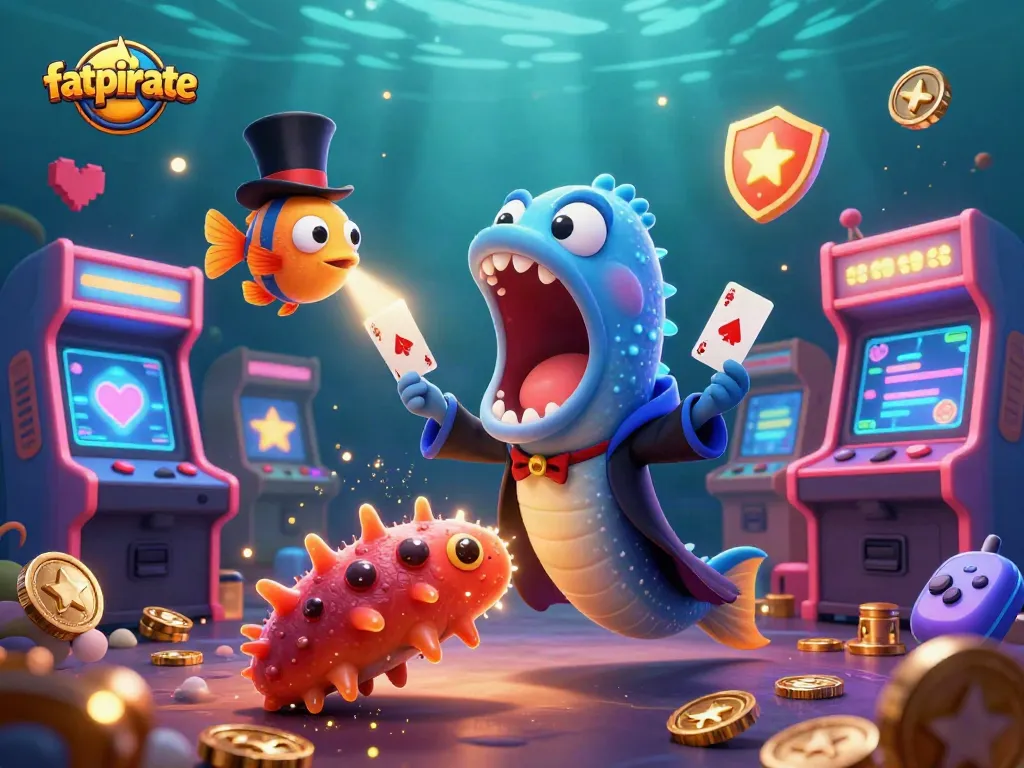 Experience thrilling gaming action with fatpirate's vibrant underwater scene featuring unique casino characters.