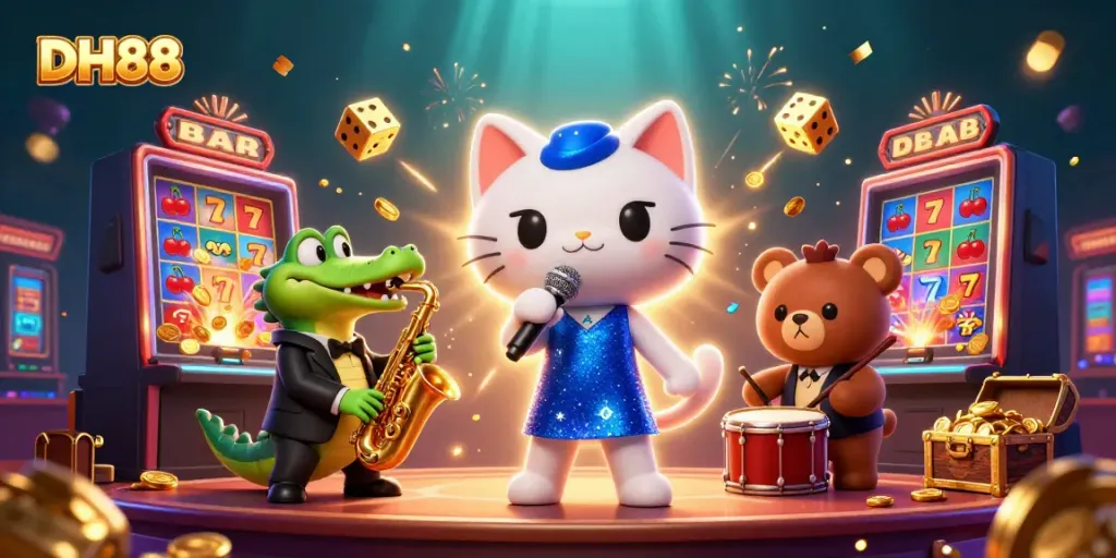 Experience excitement at DH88 casino with lively characters and jackpot wins in a colorful scene.
