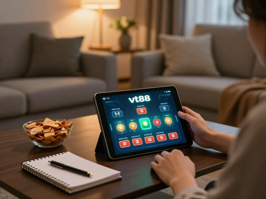 Using the vt88 app on a tablet in a cozy living room for online casino gaming.
