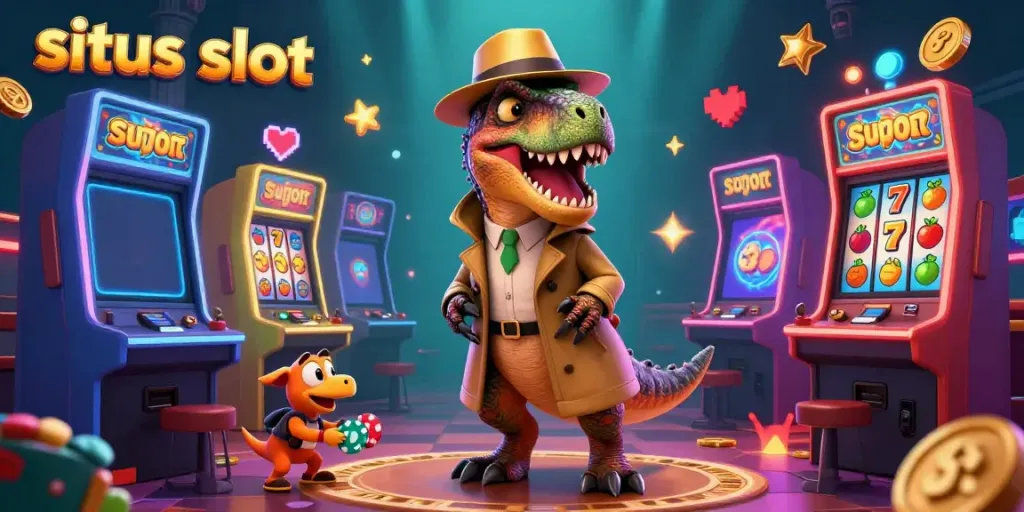 Experience thrilling jackpots at situs slot with colorful games, featuring a velociraptor card counter and pit boss.