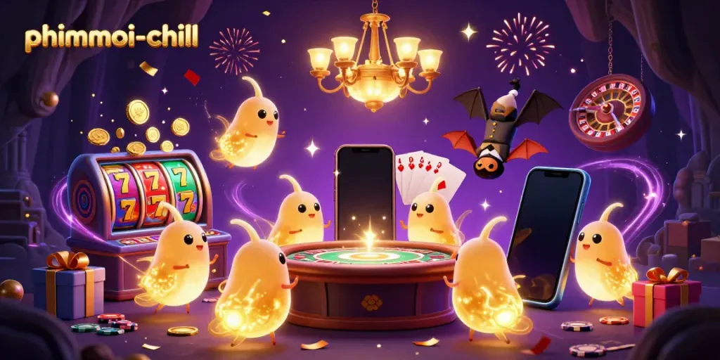 Join the excitement at phimmoi-chill with glowing glowworms lighting up the cave casino and vibrant gambling elements.