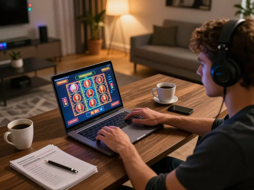 Player engaging in online casino games at home, featuring 79sodoe gaming interface on laptop