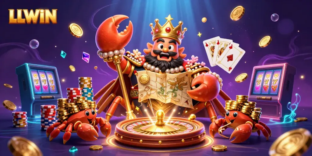 Win big at LLWIN with the majestic golden crab emperor surrounded by vibrant casino elements.