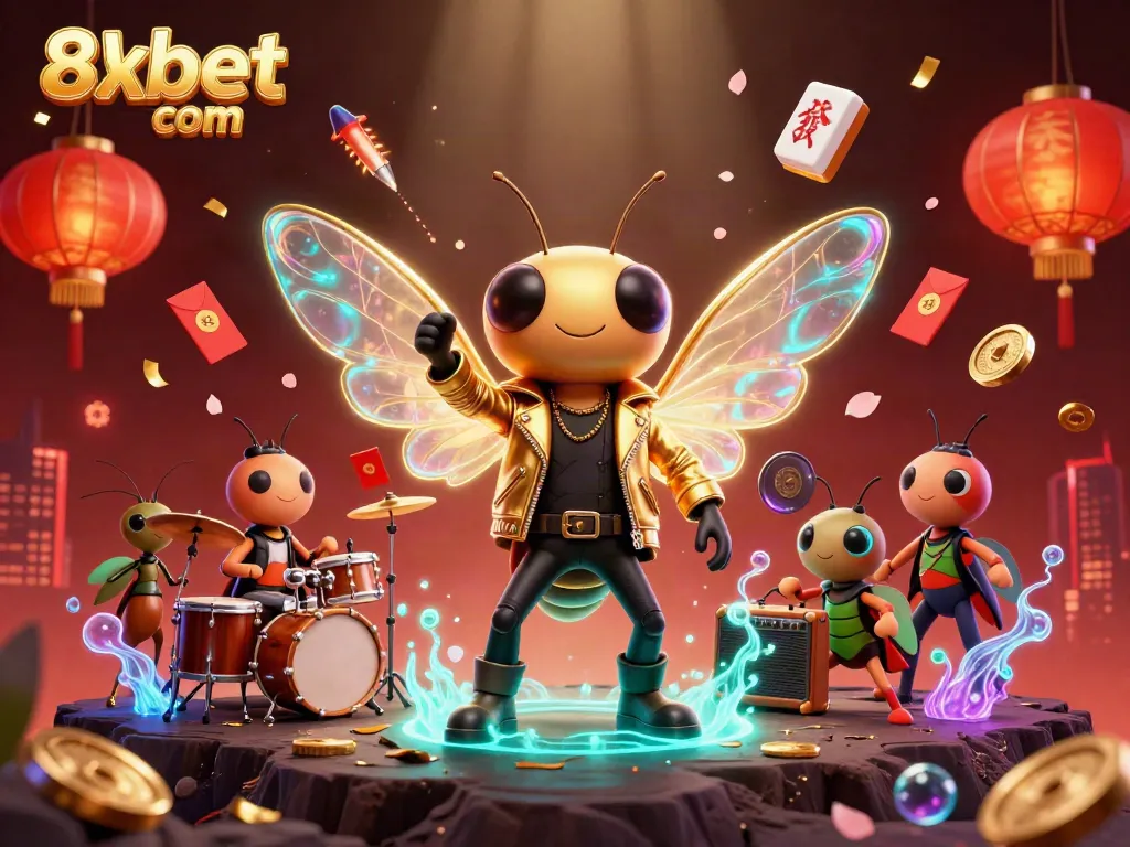 Experience the vibrant 8xbet com casino scene with animated characters, glowing game elements, and rich colors.