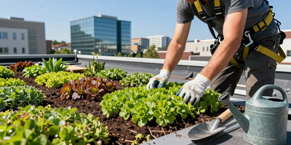 Expert installateur werkt aan sedumdak kosten project met levendige sedumplanten in een zonnige stedelijke omgeving.
