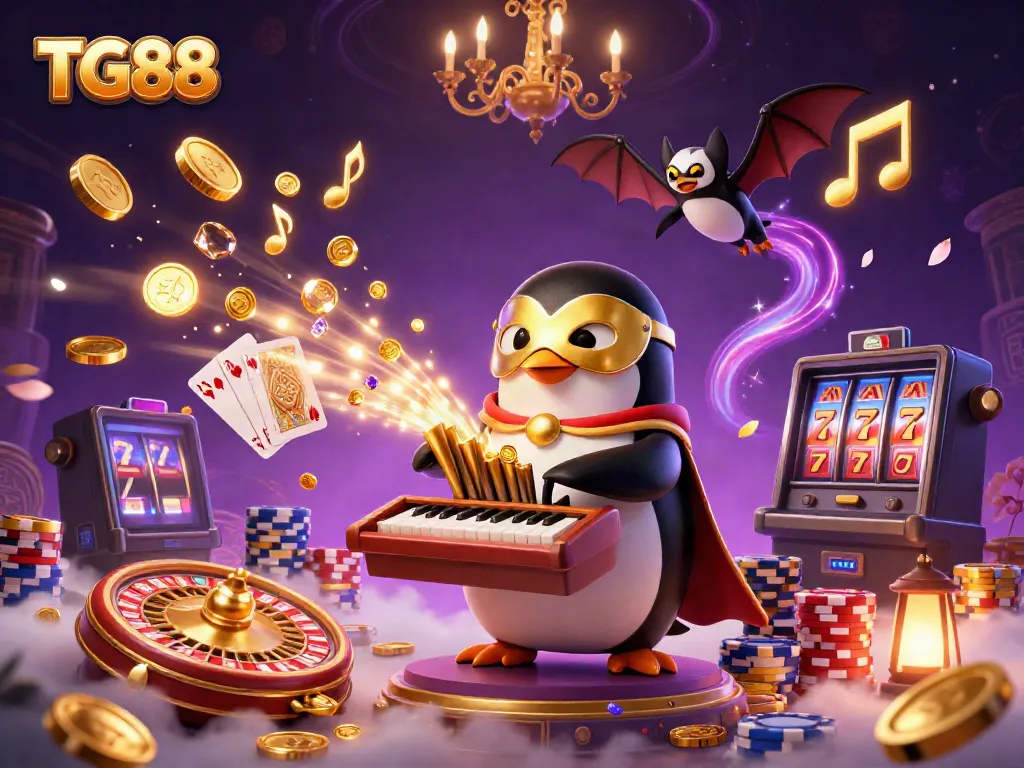 Experience exciting wins at TG88, depicted by a vibrant casino scene with gold coins, cards, and gaming elements.