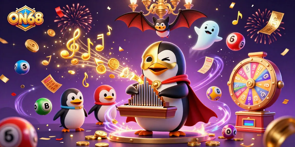 Experience ON68 excitement with a whimsical 3D casino scene featuring a penguin organist and coin showers.