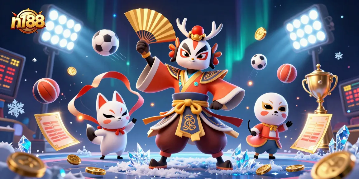 N188 sports betting scene with a kabuki warrior amidst dynamic sports elements and vibrant lights