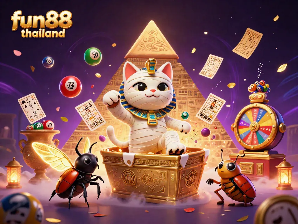 Experience the thrill of fun88 thailand with a lively mummy cat and scarab beetle in a dynamic casino scene.