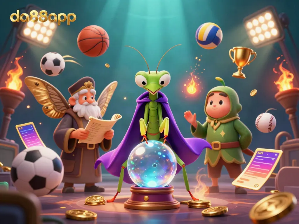 Engage in thrilling bets at da88app with colorful sports balls and mystical elements surrounding
